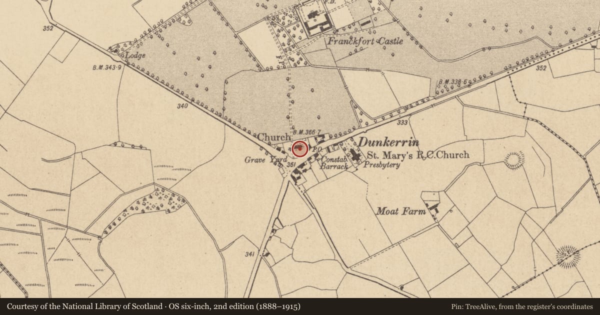Ordnance Survey six-inch map, 2nd edition (1888–1915) covering the location of Church, Franckfort, County Offaly, with a pin at the register's coordinates
