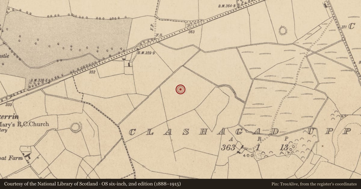 Ordnance Survey six-inch map, 2nd edition (1888–1915) covering the location of Ringfort - rath, Clashagad Upper, County Offaly, with a pin at the register's coordinates