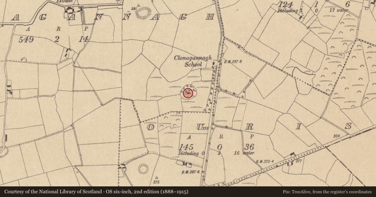 Ordnance Survey six-inch map, 2nd edition (1888–1915) covering the location of Enclosure, Clonagannagh, County Offaly, with a pin at the register's coordinates