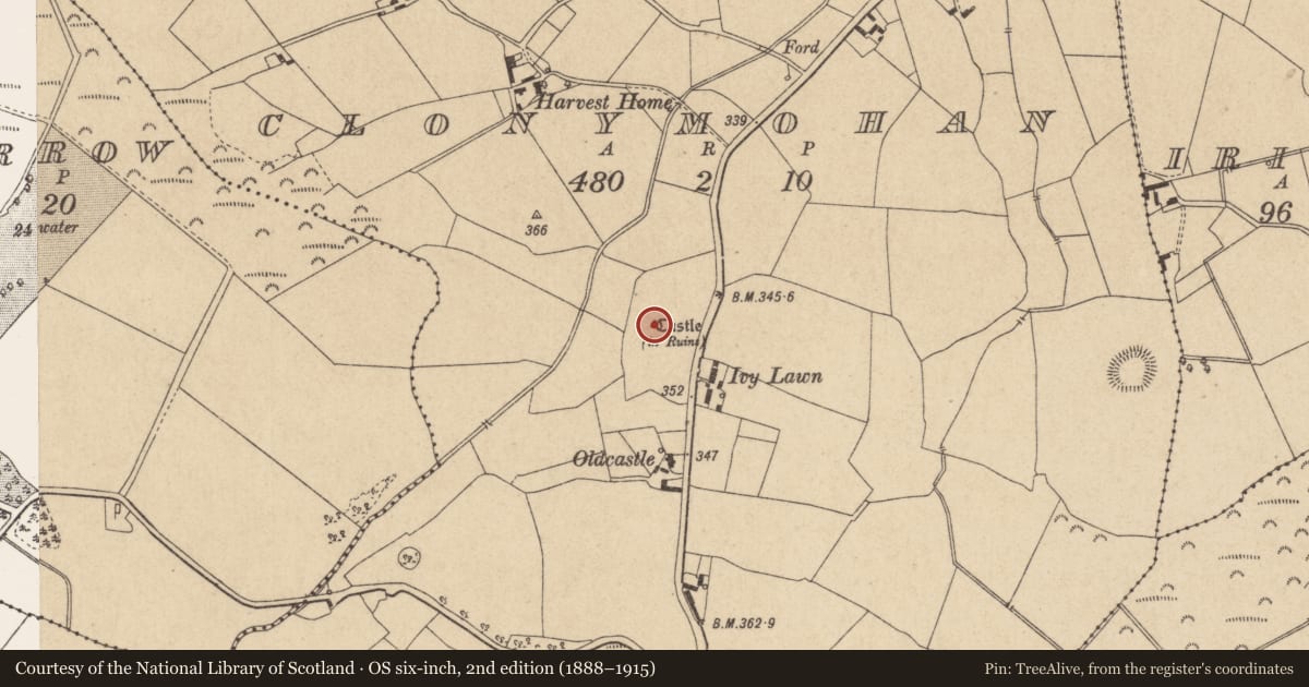 Ordnance Survey six-inch map, 2nd edition (1888–1915) covering the location of Castle - unclassified, Clonymohan, County Offaly, with a pin at the register's coordinates