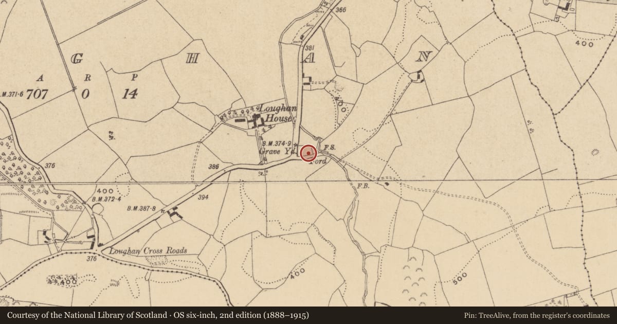 Ordnance Survey six-inch map, 2nd edition (1888–1915) covering the location of Church, Loughan, County Offaly, with a pin at the register's coordinates