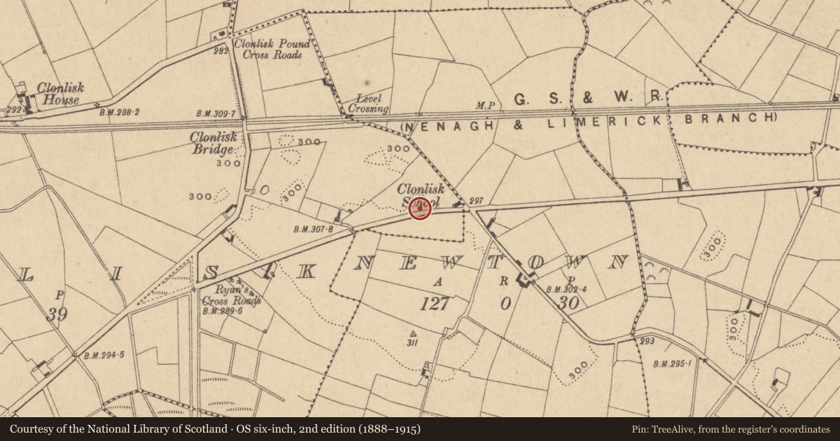 Ordnance Survey six-inch map, 2nd edition (1888–1915) covering the location of Bullaun stone, Clonlisk, County Offaly, with a pin at the register's coordinates