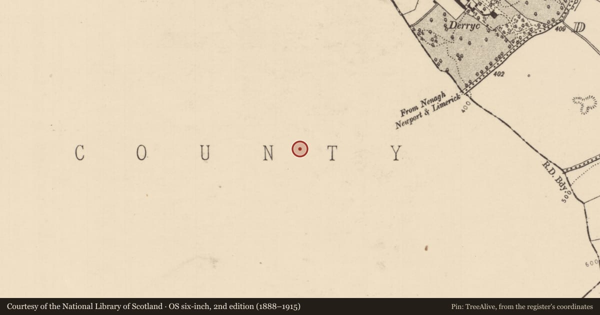 Ordnance Survey six-inch map, 2nd edition (1888–1915) covering the location of Burial ground, Moneygall, County Offaly, with a pin at the register's coordinates