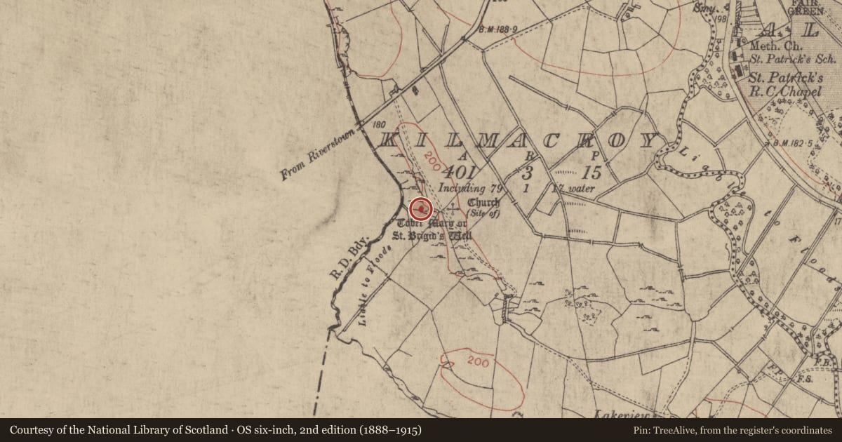 Ordnance Survey six-inch map, 2nd edition (1888–1915) covering the location of Ritual site - holy well, Kilmacroy, County Roscommon, with a pin at the register's coordinates