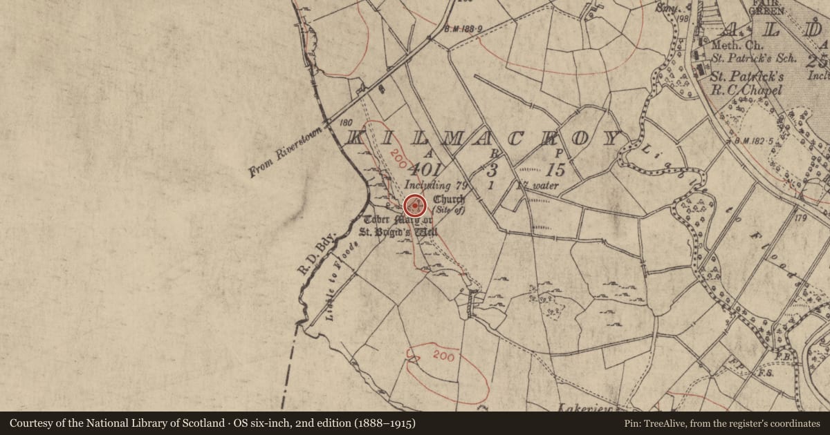 Ordnance Survey six-inch map, 2nd edition (1888–1915) covering the location of Church, Kilmacroy, County Roscommon, with a pin at the register's coordinates