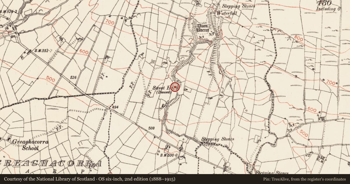 Ordnance Survey six-inch map, 2nd edition (1888–1915) covering the location of Sweathouse, Greaghnaglogh, County Roscommon, with a pin at the register's coordinates