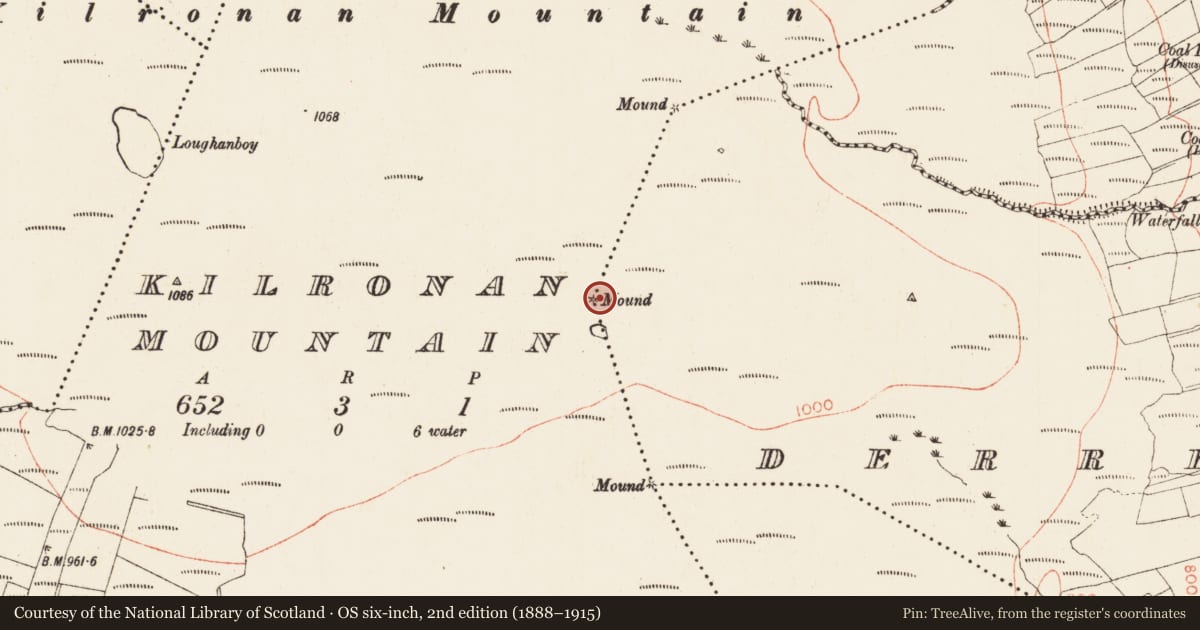 Ordnance Survey six-inch map, 2nd edition (1888–1915) covering the location of Boundary mound, Derreenavoggy, Kilronan Mountain, County Roscommon, with a pin at the register's coordinates