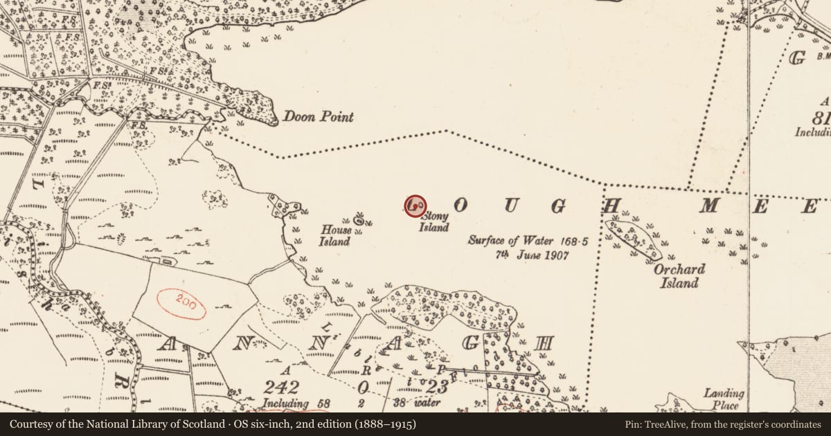 Ordnance Survey six-inch map, 2nd edition (1888–1915) covering the location of Crannog, Annagh, County Roscommon, with a pin at the register's coordinates