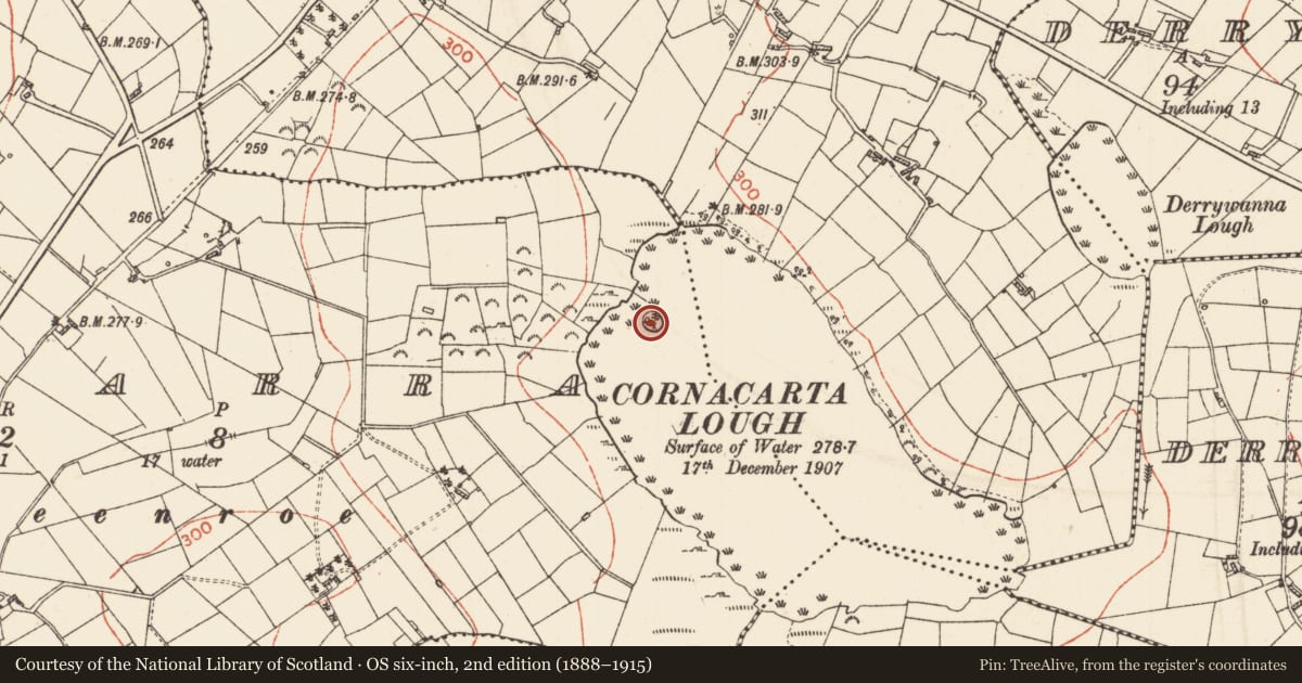 Ordnance Survey six-inch map, 2nd edition (1888–1915) covering the location of Crannog, Aghacarra, County Roscommon, with a pin at the register's coordinates