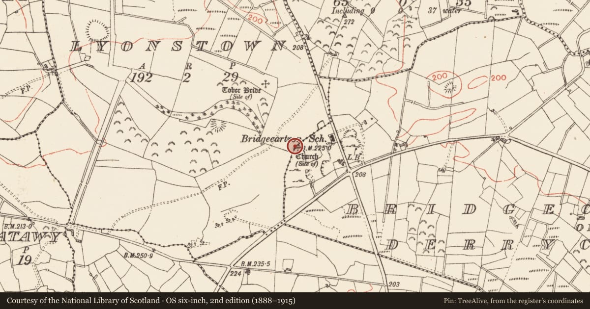 Ordnance Survey six-inch map, 2nd edition (1888–1915) covering the location of Church, Bridgecartron Or Derrycashel, Lyonstown, County Roscommon, with a pin at the register's coordinates