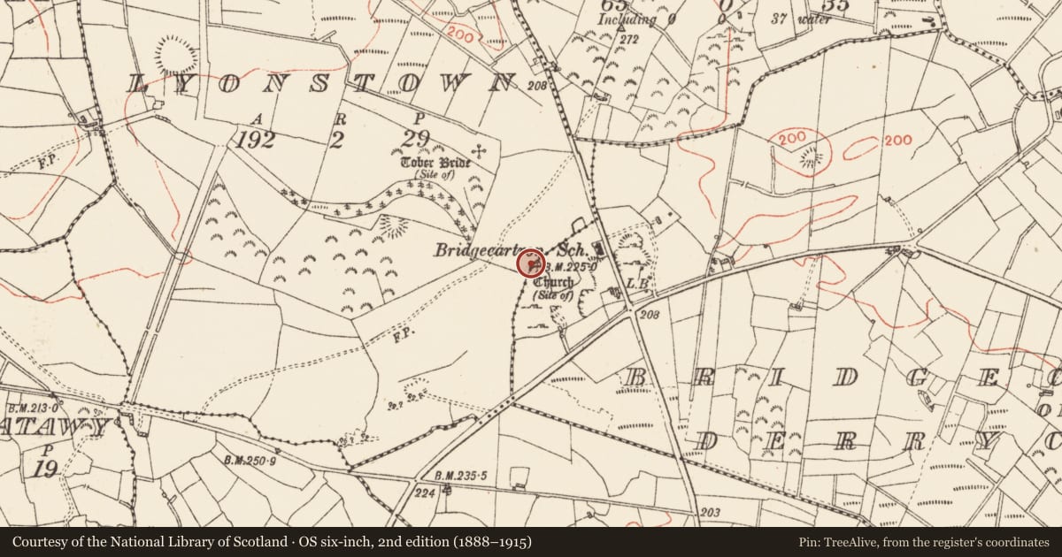 Ordnance Survey six-inch map, 2nd edition (1888–1915) covering the location of Children's burial ground, Bridgecartron Or Derrycashel, County Roscommon, with a pin at the register's coordinates