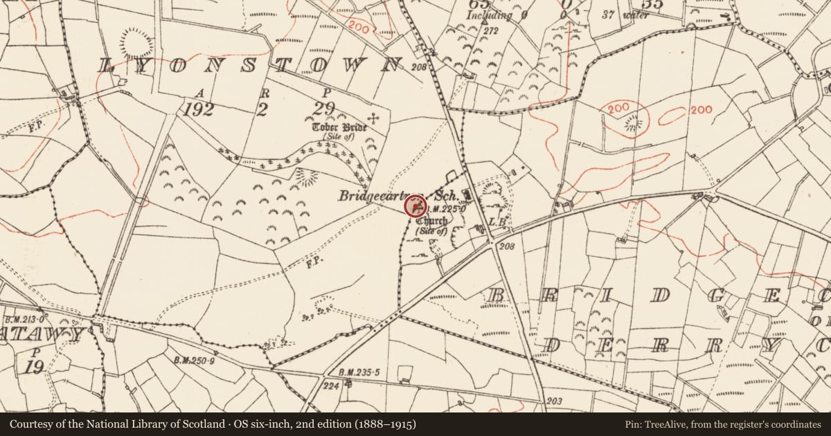 Ordnance Survey six-inch map, 2nd edition (1888–1915) covering the location of Architectural fragment, Bridgecartron Or Derrycashel, County Roscommon, with a pin at the register's coordinates