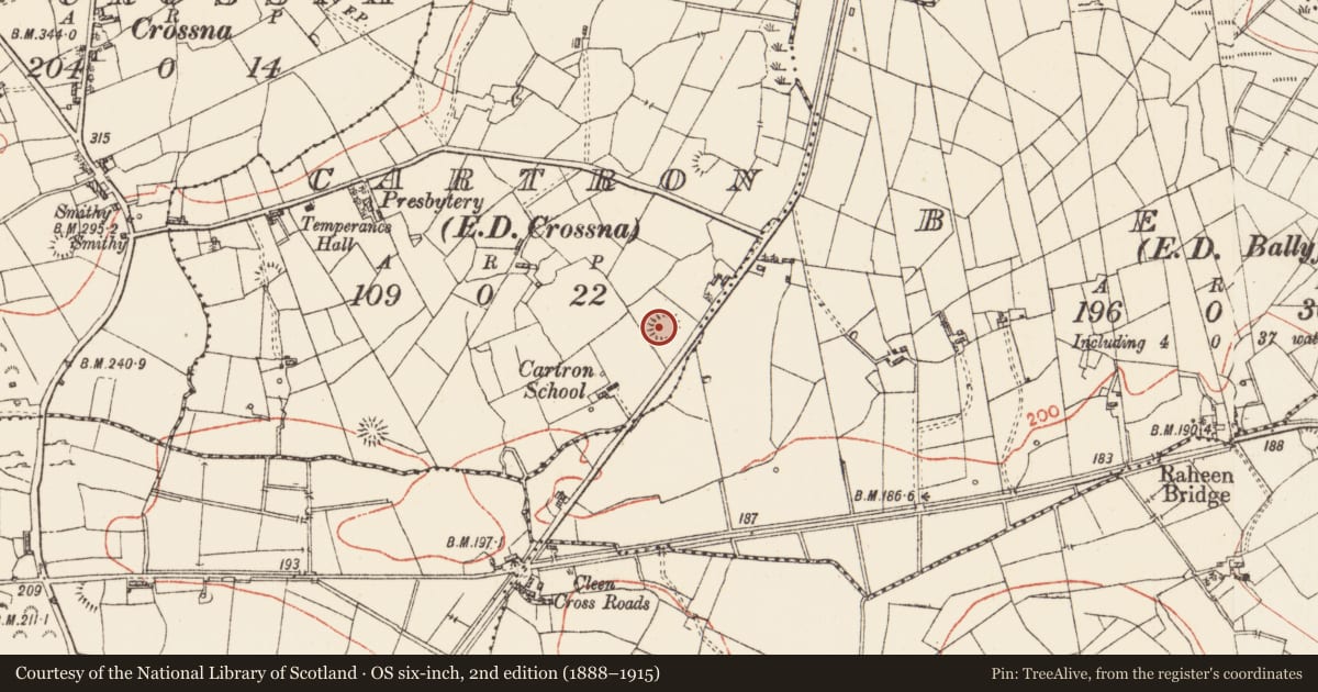 Ordnance Survey six-inch map, 2nd edition (1888–1915) covering the location of Ringfort - rath, Cartron, County Roscommon, with a pin at the register's coordinates
