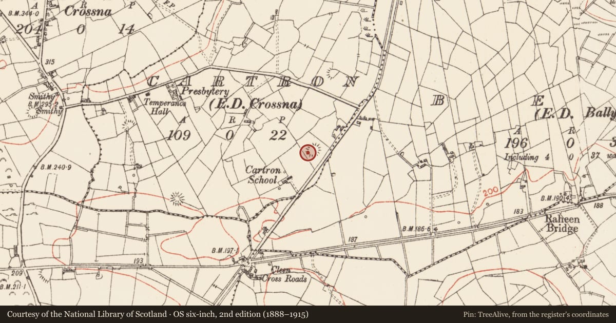 Ordnance Survey six-inch map, 2nd edition (1888–1915) covering the location of Souterrain, Cartron, County Roscommon, with a pin at the register's coordinates