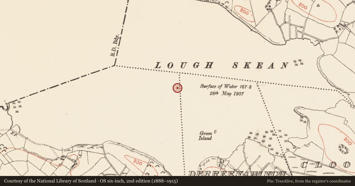 Ordnance Survey six-inch map, 2nd edition (1888–1915) covering the location of Crannog, Corderry, County Roscommon, with a pin at the register's coordinates