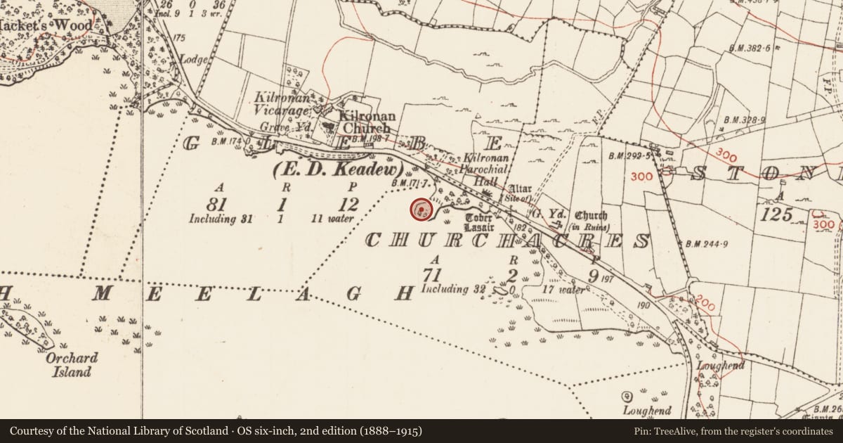 Ordnance Survey six-inch map, 2nd edition (1888–1915) covering the location of Promontory fort - inland, Churchacres, County Roscommon, with a pin at the register's coordinates