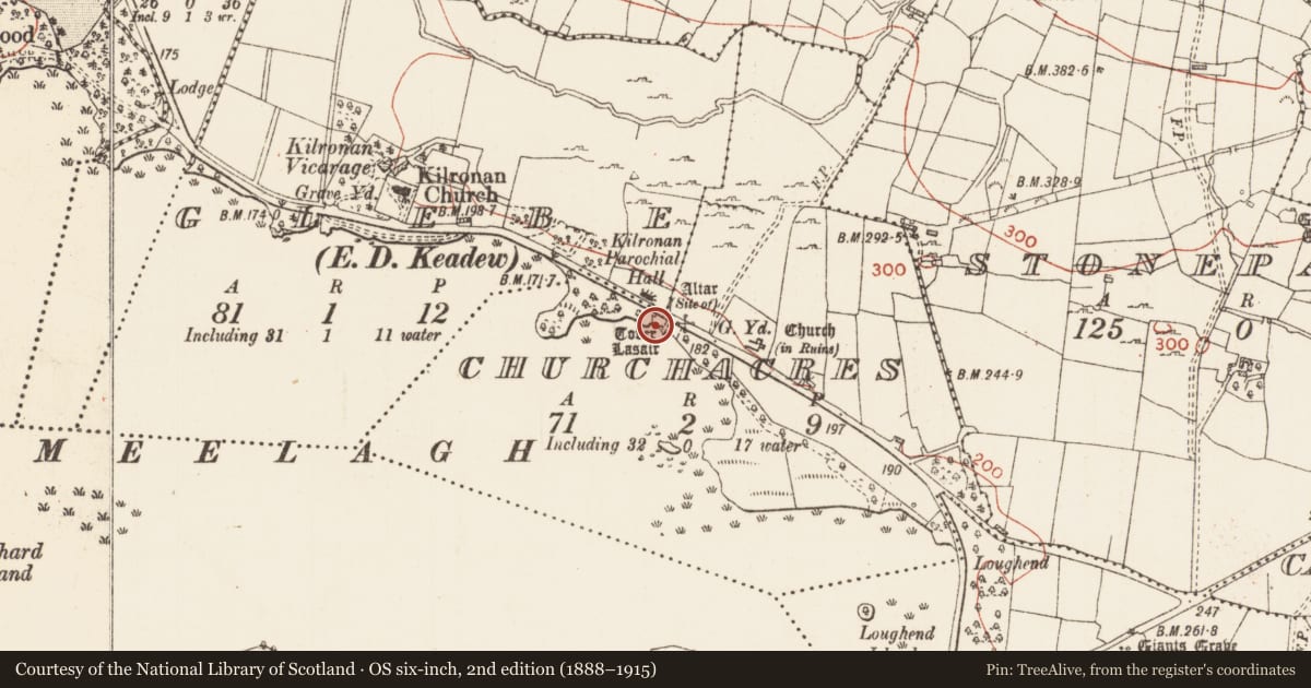 Ordnance Survey six-inch map, 2nd edition (1888–1915) covering the location of Ritual site - holy well, Churchacres, County Roscommon, with a pin at the register's coordinates