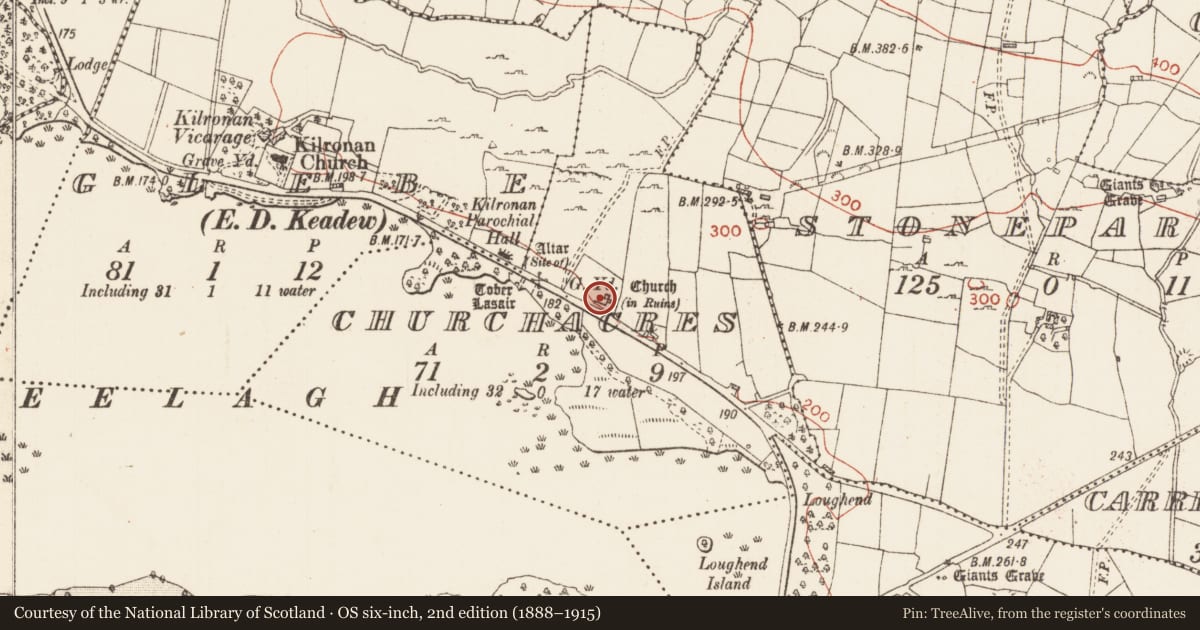 Ordnance Survey six-inch map, 2nd edition (1888–1915) covering the location of Church, Churchacres, County Roscommon, with a pin at the register's coordinates