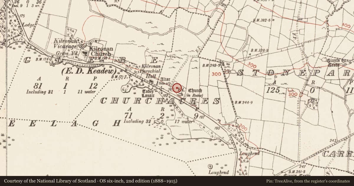 Ordnance Survey six-inch map, 2nd edition (1888–1915) covering the location of Graveyard, Churchacres, County Roscommon, with a pin at the register's coordinates