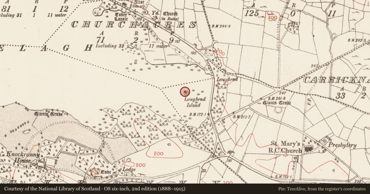 Ordnance Survey six-inch map, 2nd edition (1888–1915) covering the location of Crannog, Keadew West, County Roscommon, with a pin at the register's coordinates