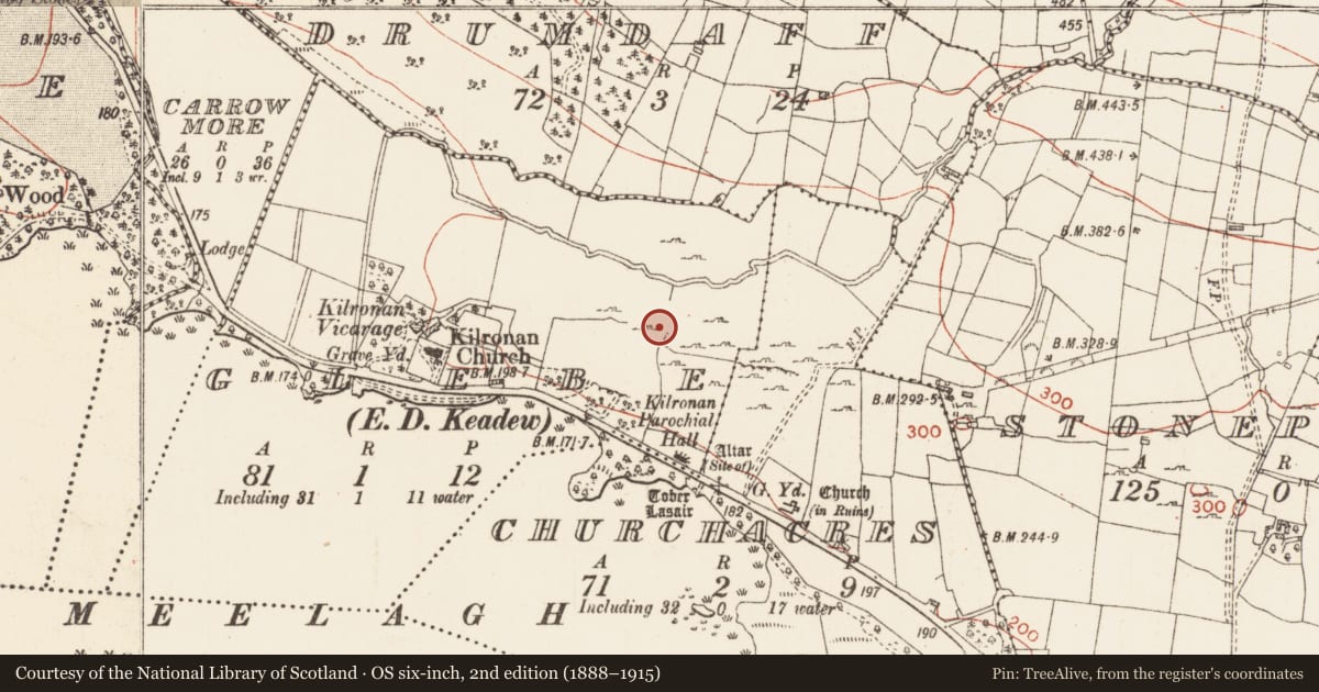 Ordnance Survey six-inch map, 2nd edition (1888–1915) covering the location of Ritual site - holy well, Glebe, County Roscommon, with a pin at the register's coordinates