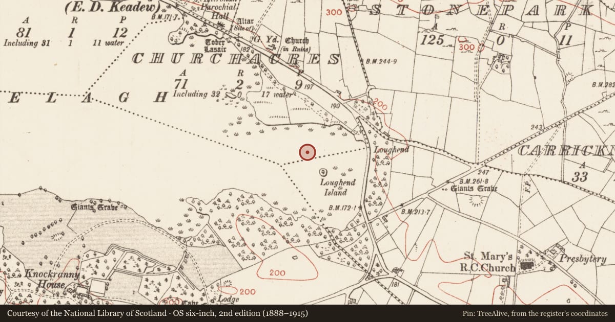 Ordnance Survey six-inch map, 2nd edition (1888–1915) covering the location of Crannog, Churchacres, County Roscommon, with a pin at the register's coordinates