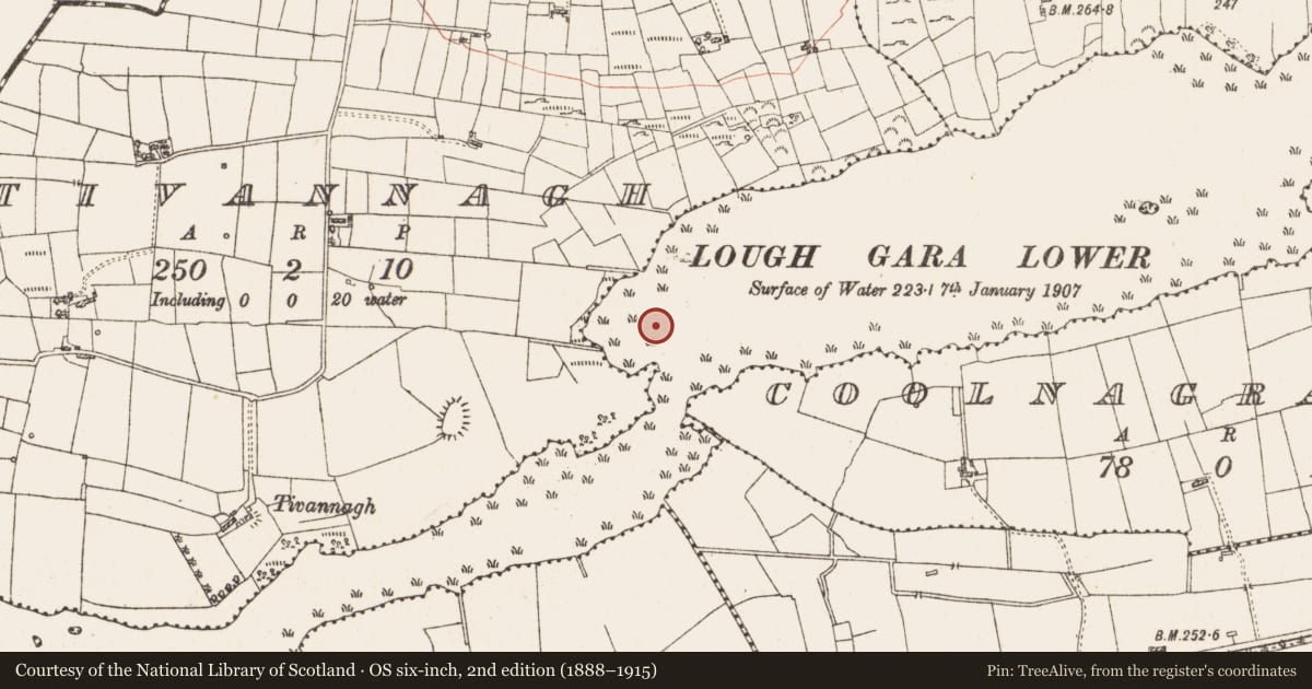 Ordnance Survey six-inch map, 2nd edition (1888–1915) covering the location of Crannog, Lough Gara, County Roscommon, with a pin at the register's coordinates