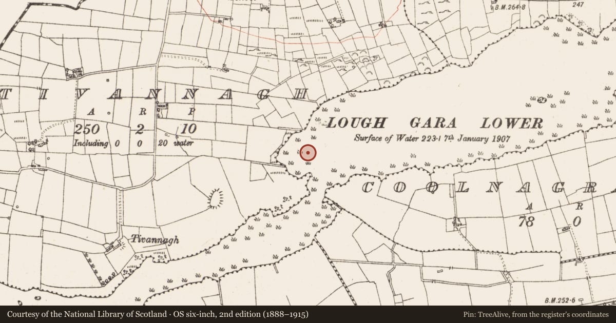 Ordnance Survey six-inch map, 2nd edition (1888–1915) covering the location of Crannog, Lough Gara, County Roscommon, with a pin at the register's coordinates