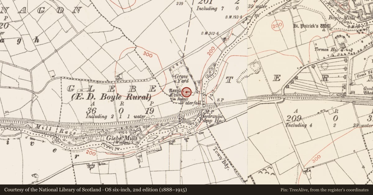 Ordnance Survey six-inch map, 2nd edition (1888–1915) covering the location of Church, Mocmoyne, County Roscommon, with a pin at the register's coordinates