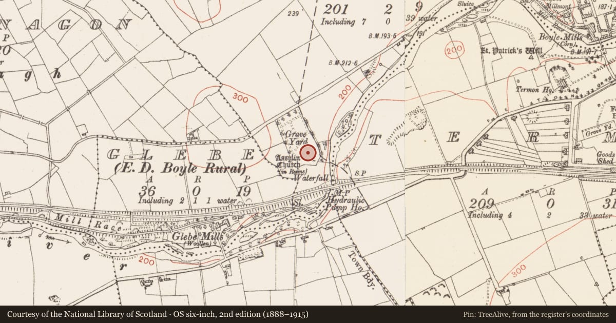 Ordnance Survey six-inch map, 2nd edition (1888–1915) covering the location of Graveyard, Mocmoyne, County Roscommon, with a pin at the register's coordinates