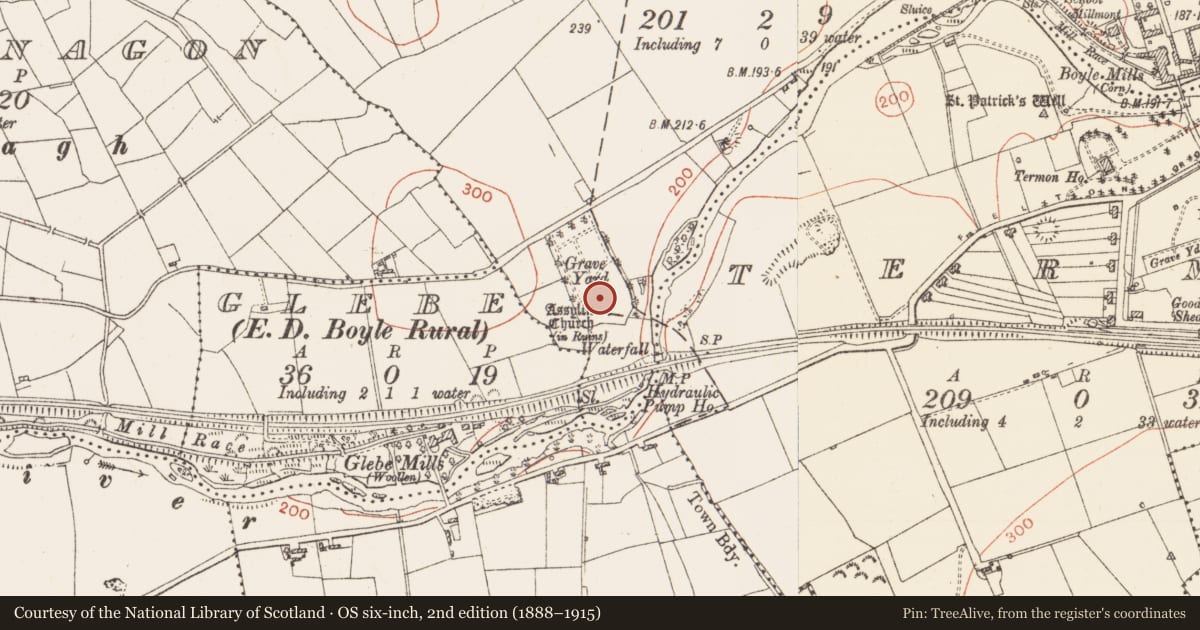 Ordnance Survey six-inch map, 2nd edition (1888–1915) covering the location of Cross-inscribed stone, Mocmoyne, County Roscommon, with a pin at the register's coordinates