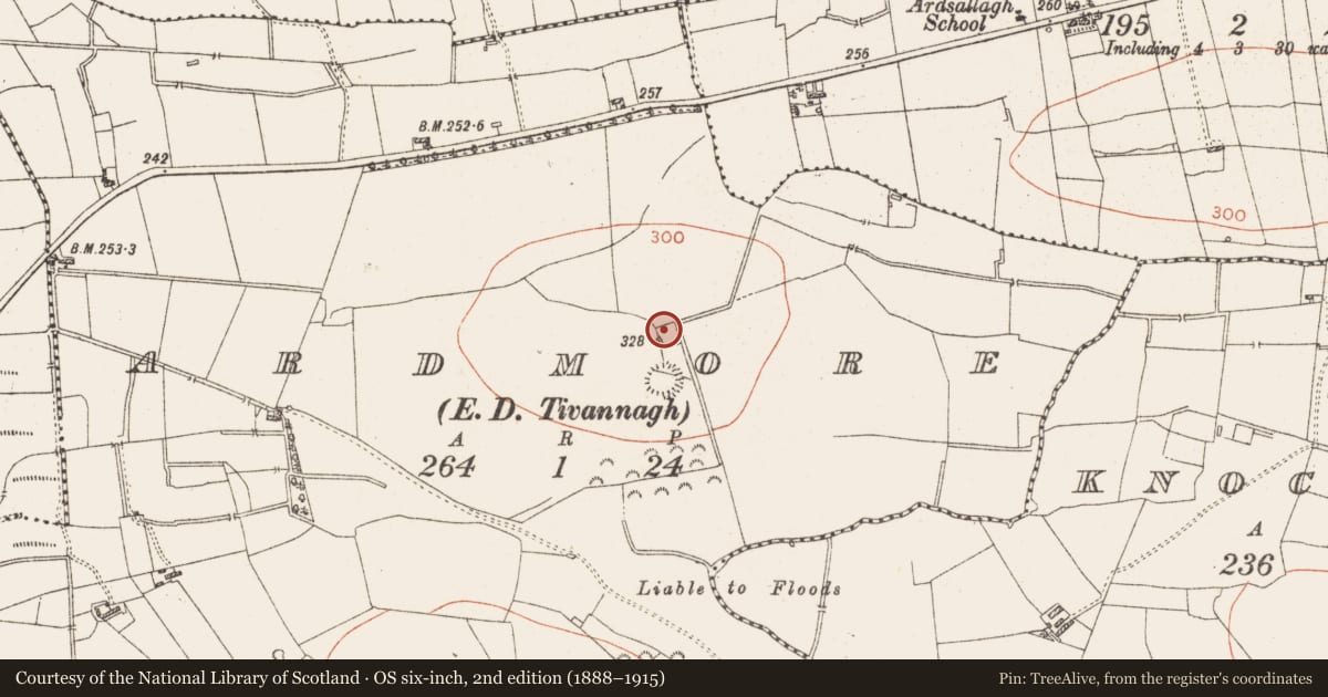 Ordnance Survey six-inch map, 2nd edition (1888–1915) covering the location of Enclosure, Ardmore, County Roscommon, with a pin at the register's coordinates