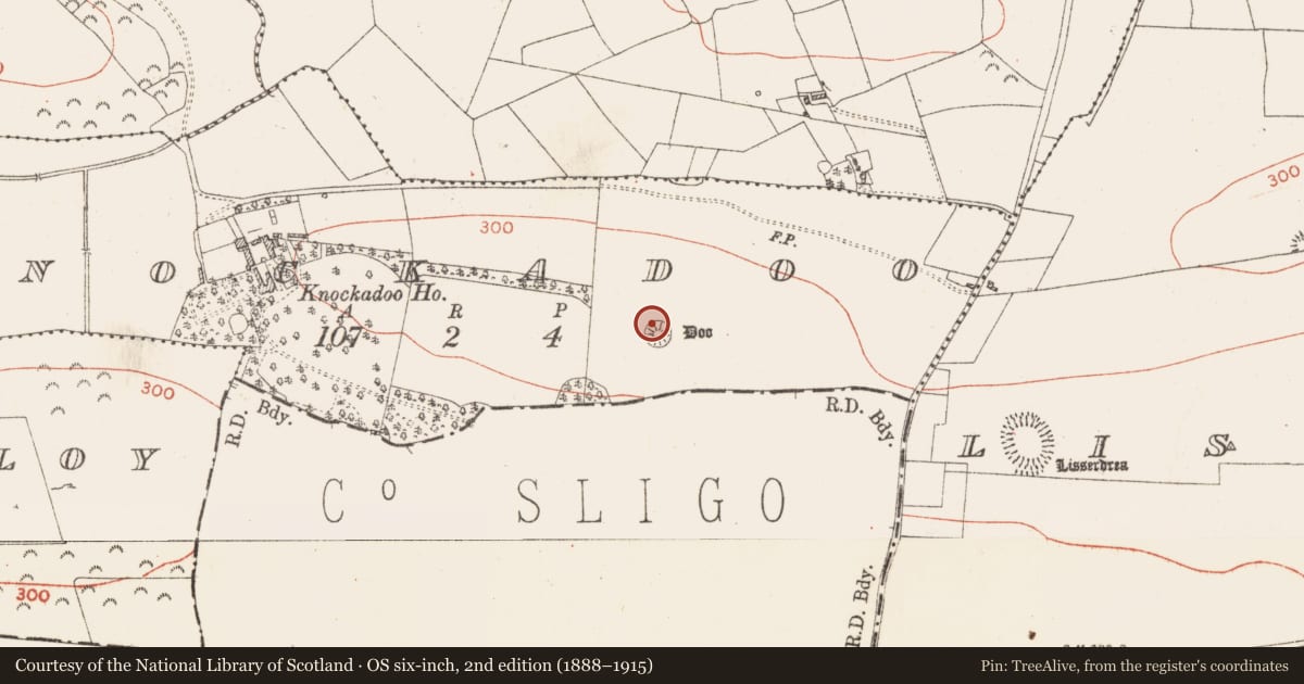 Ordnance Survey six-inch map, 2nd edition (1888–1915) covering the location of Barrow - bowl-barrow, Knockadoo, County Roscommon, with a pin at the register's coordinates