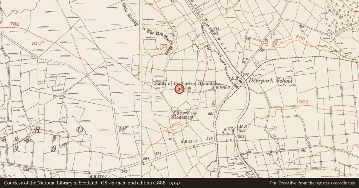 Ordnance Survey six-inch map, 2nd edition (1888–1915) covering the location of Battlefield, Garrow, County Roscommon, with a pin at the register's coordinates