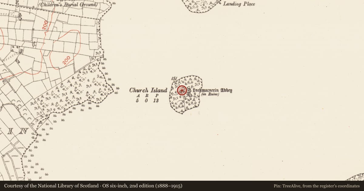 Ordnance Survey six-inch map, 2nd edition (1888–1915) covering the location of Children's burial ground, Church Island, County Roscommon, with a pin at the register's coordinates