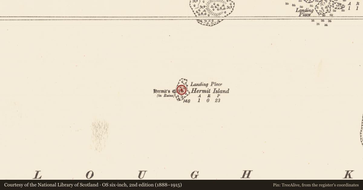 Ordnance Survey six-inch map, 2nd edition (1888–1915) covering the location of Church, Hermit Island, County Roscommon, with a pin at the register's coordinates