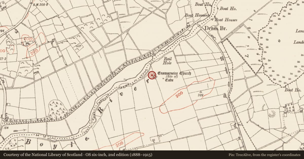 Ordnance Survey six-inch map, 2nd edition (1888–1915) covering the location of Church, Warren Or Drum, County Roscommon, with a pin at the register's coordinates