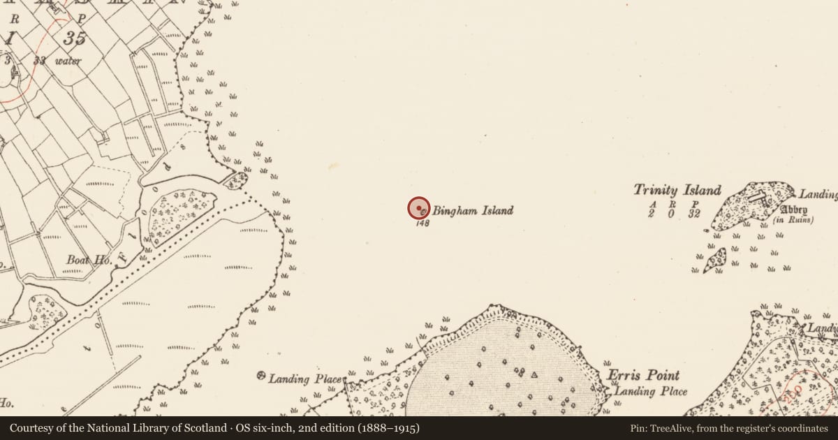 Ordnance Survey six-inch map, 2nd edition (1888–1915) covering the location of Crannog, Lough Key, County Roscommon, with a pin at the register's coordinates