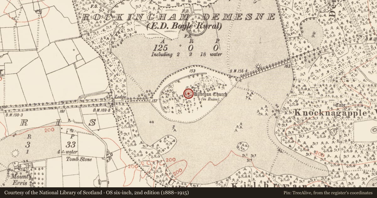 Ordnance Survey six-inch map, 2nd edition (1888–1915) covering the location of Church, Rockingham Demesne, County Roscommon, with a pin at the register's coordinates