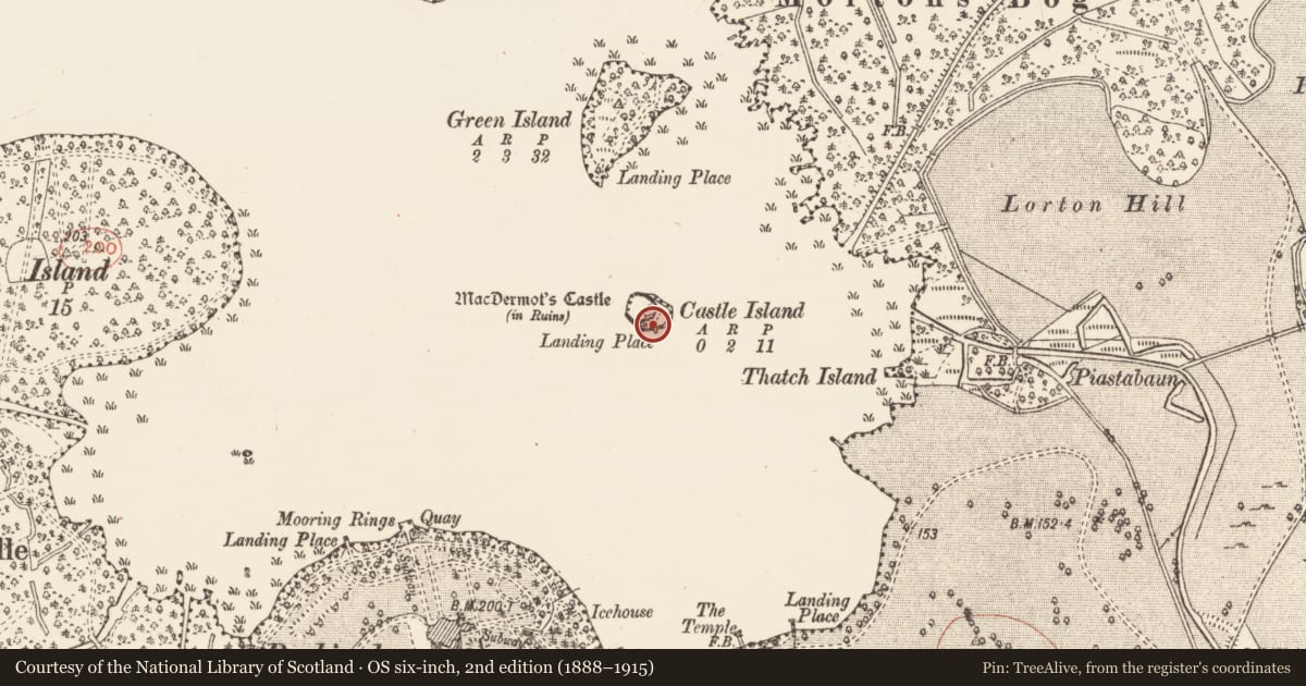 Ordnance Survey six-inch map, 2nd edition (1888–1915) covering the location of Slipway, Lough Key, County Roscommon, with a pin at the register's coordinates