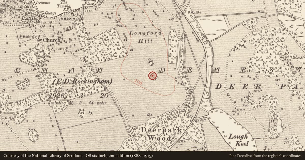 Ordnance Survey six-inch map, 2nd edition (1888–1915) covering the location of Ringfort - rath, Rockingham Demesne, County Roscommon, with a pin at the register's coordinates