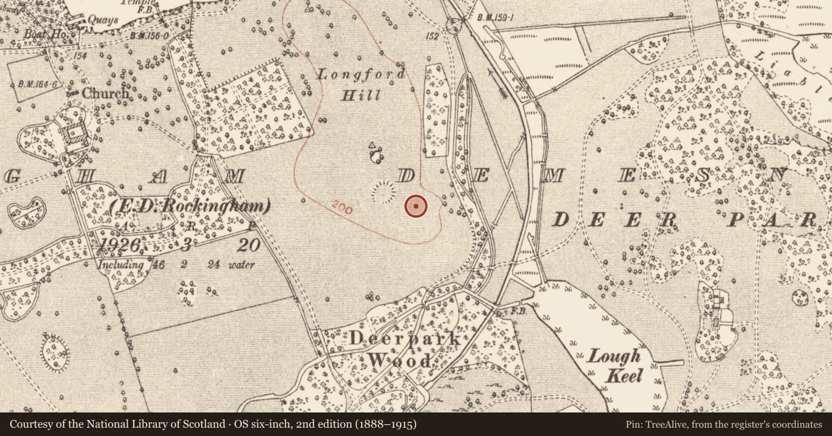 Ordnance Survey six-inch map, 2nd edition (1888–1915) covering the location of Ringfort - rath, Rockingham Demesne, County Roscommon, with a pin at the register's coordinates