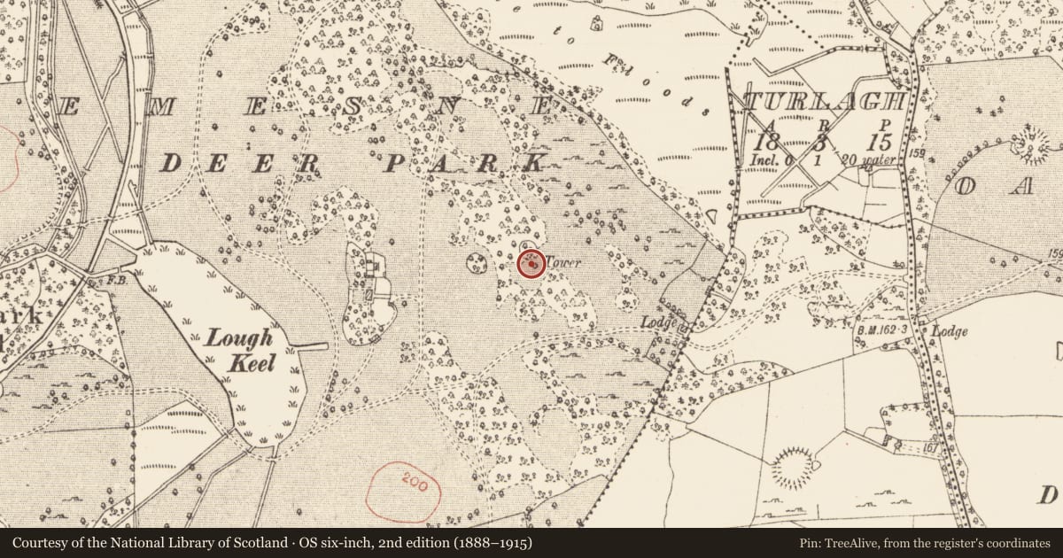 Ordnance Survey six-inch map, 2nd edition (1888–1915) covering the location of Building, Rockingham Demesne, County Roscommon, with a pin at the register's coordinates