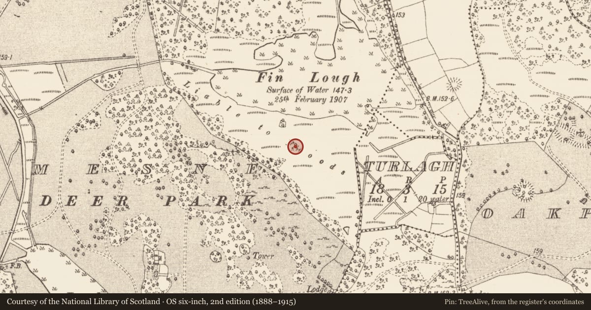 Ordnance Survey six-inch map, 2nd edition (1888–1915) covering the location of Crannog, Rockingham Demesne, County Roscommon, with a pin at the register's coordinates