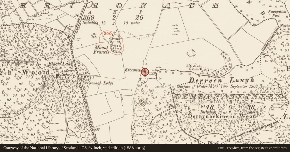 Ordnance Survey six-inch map, 2nd edition (1888–1915) covering the location of Ritual site - holy well, Errironagh, County Roscommon, with a pin at the register's coordinates