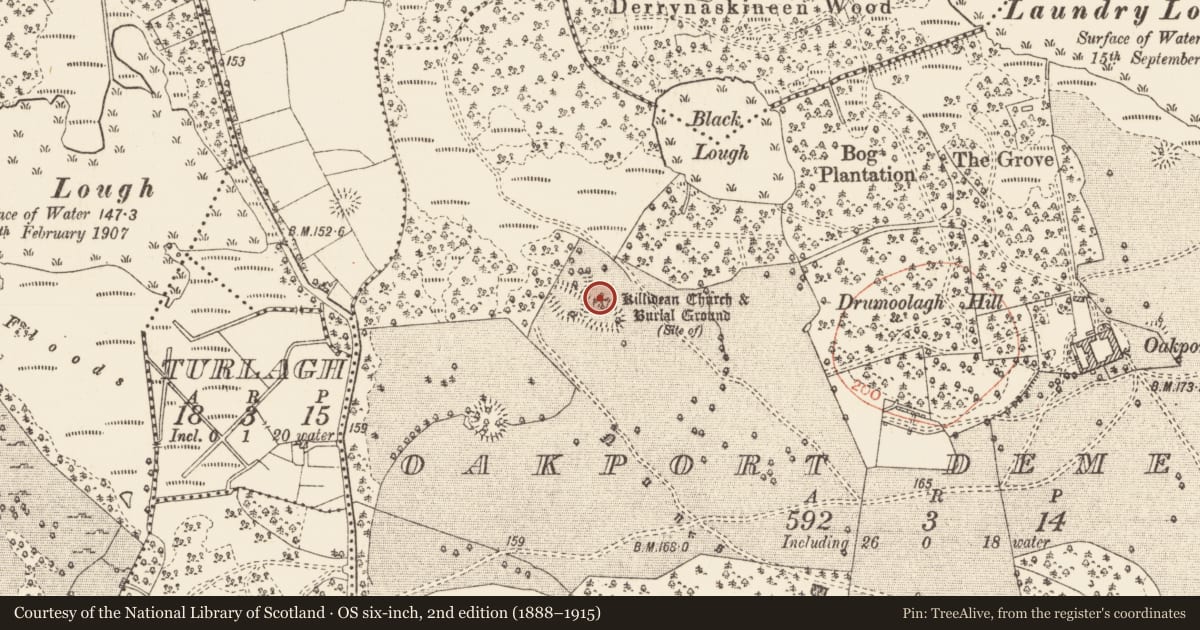 Ordnance Survey six-inch map, 2nd edition (1888–1915) covering the location of Graveyard, Oakport Demesne, County Roscommon, with a pin at the register's coordinates