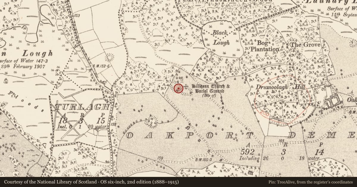 Ordnance Survey six-inch map, 2nd edition (1888–1915) covering the location of Religious house - unclassified, Oakport Demesne, County Roscommon, with a pin at the register's coordinates