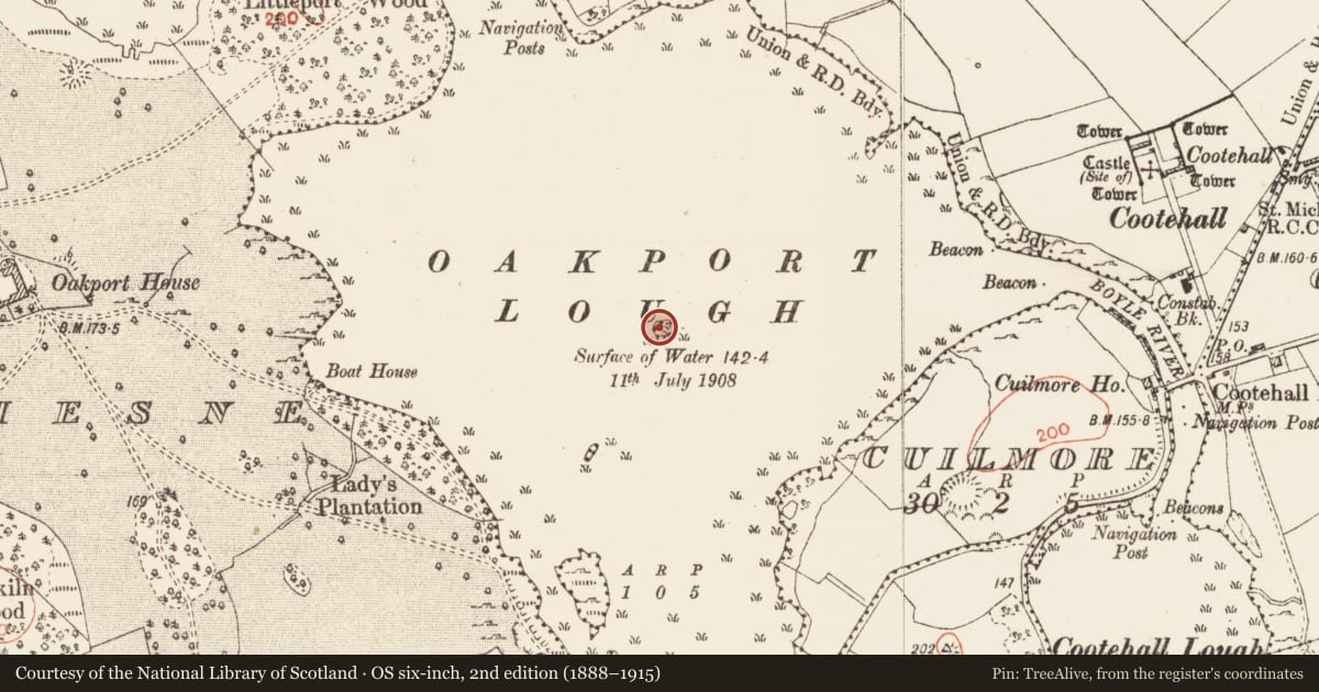 Ordnance Survey six-inch map, 2nd edition (1888–1915) covering the location of Crannog, Oakport Lough, County Roscommon, with a pin at the register's coordinates