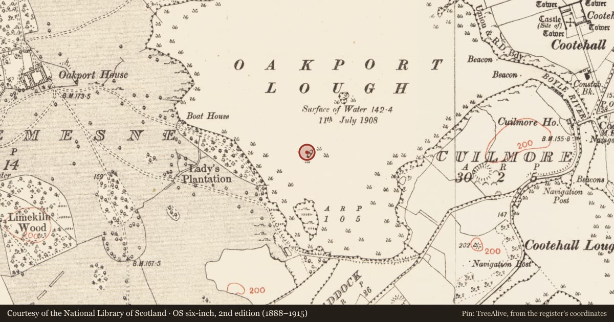 Ordnance Survey six-inch map, 2nd edition (1888–1915) covering the location of Crannog, Oakport Lough, County Roscommon, with a pin at the register's coordinates