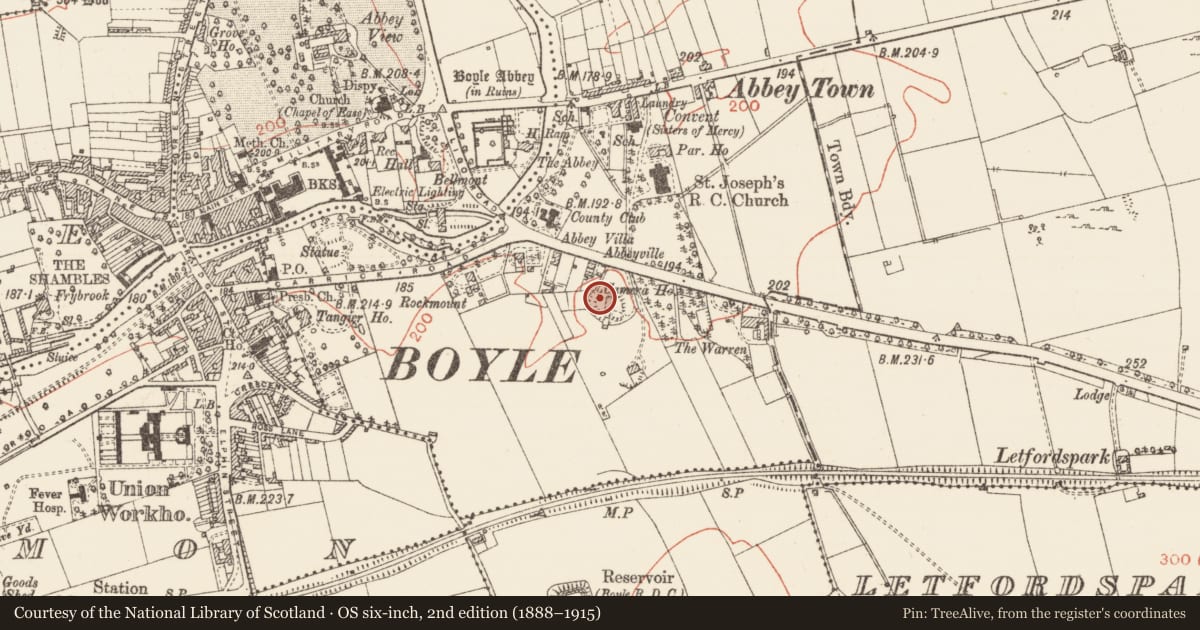 Ordnance Survey six-inch map, 2nd edition (1888–1915) covering the location of Ringfort - rath, Warren Or Drum, County Roscommon, with a pin at the register's coordinates
